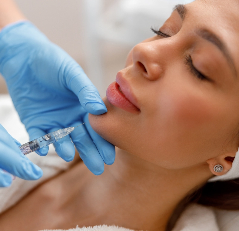Clinician in blue gloves administering jawline filler injection to a patient's lower face